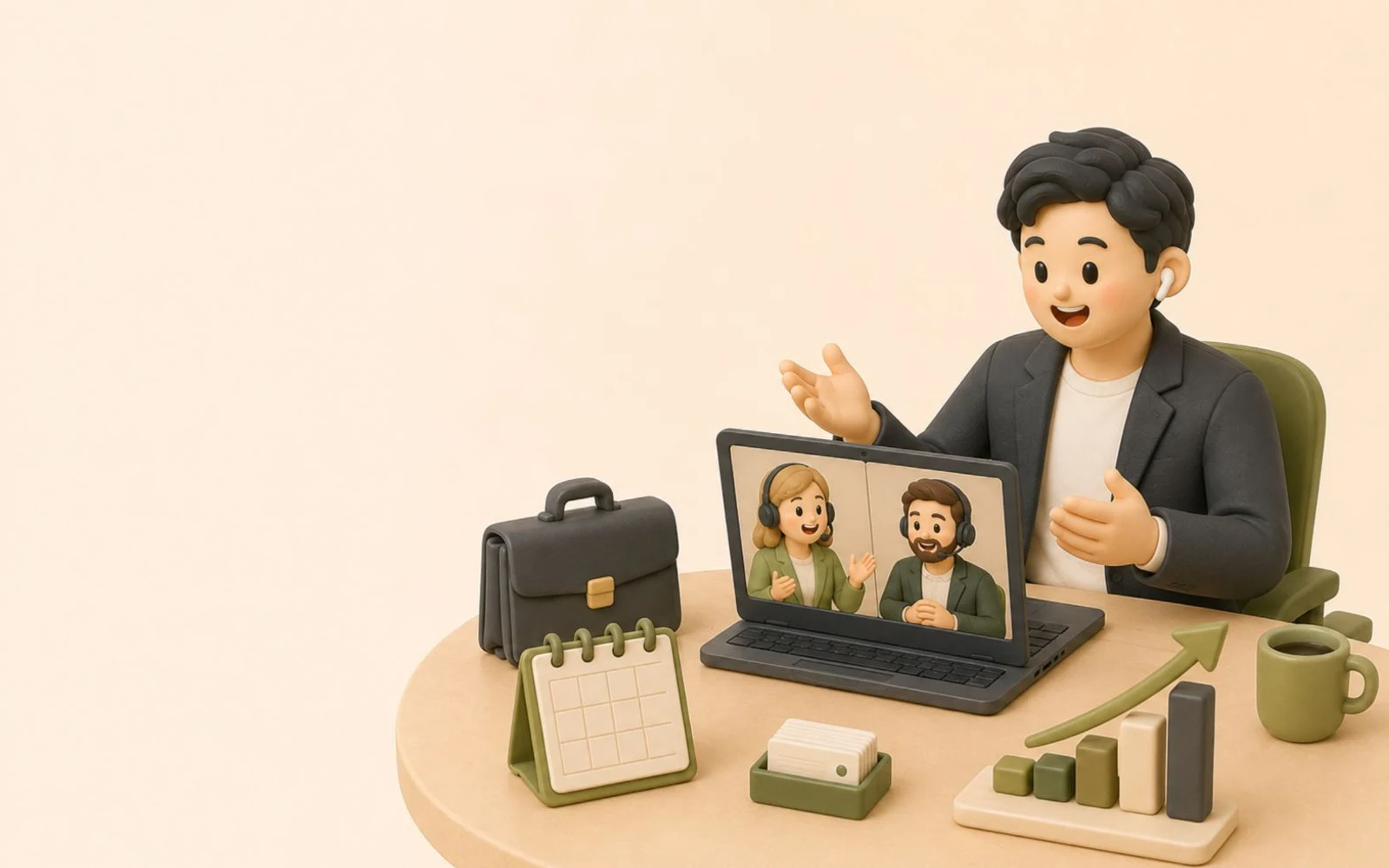 성인 남성 직장인이 노트북 화상회의로 영어 발표와 협업을 연습하는 3D 일러스트