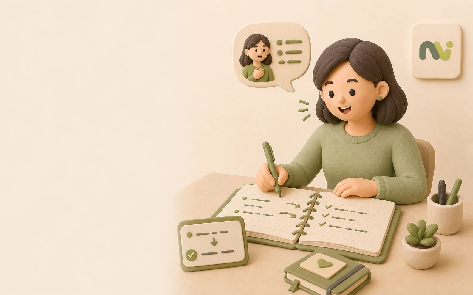 영어 일기를 쓰고 첨삭 내용을 확인하는 성인 학습자 3D 일러스트