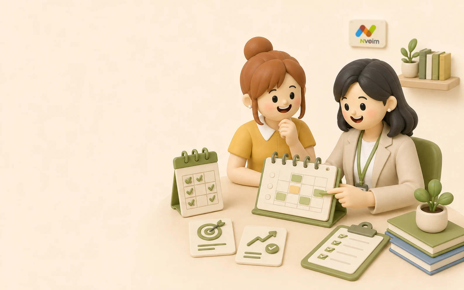 한국인 플래너와 학습자가 기기와 일정을 보며 수업 계획을 세우는 3D 일러스트