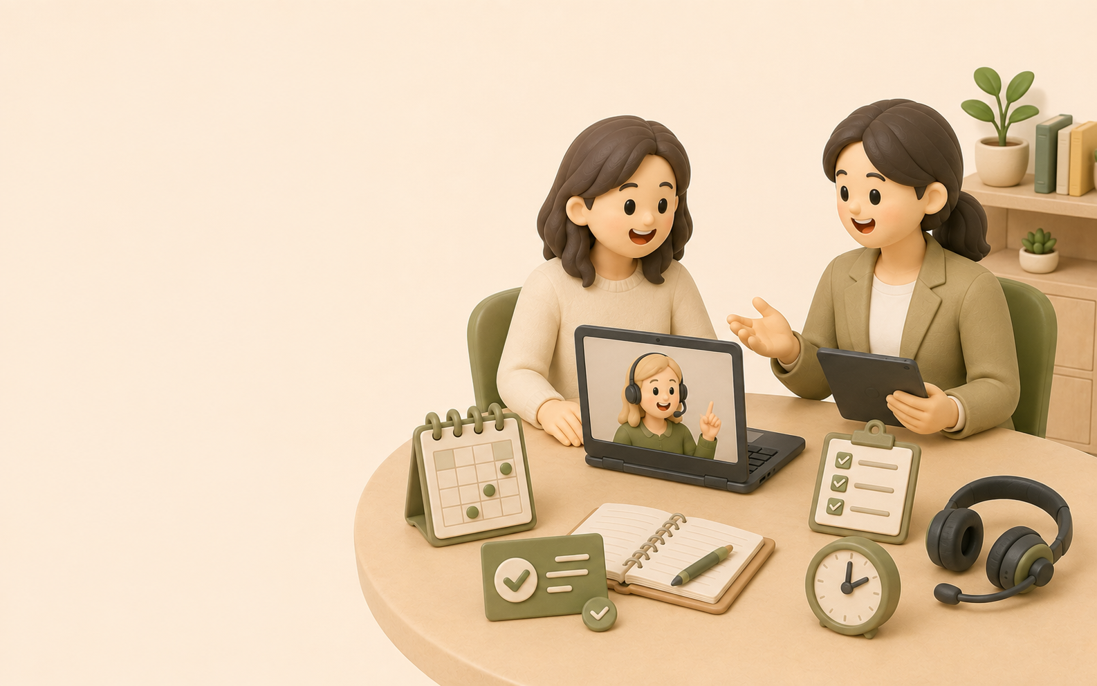 학습자와 한국인 플래너가 노트북, 달력, 체크리스트를 보며 화상영어 수강등록을 준비하는 3D 일러스트