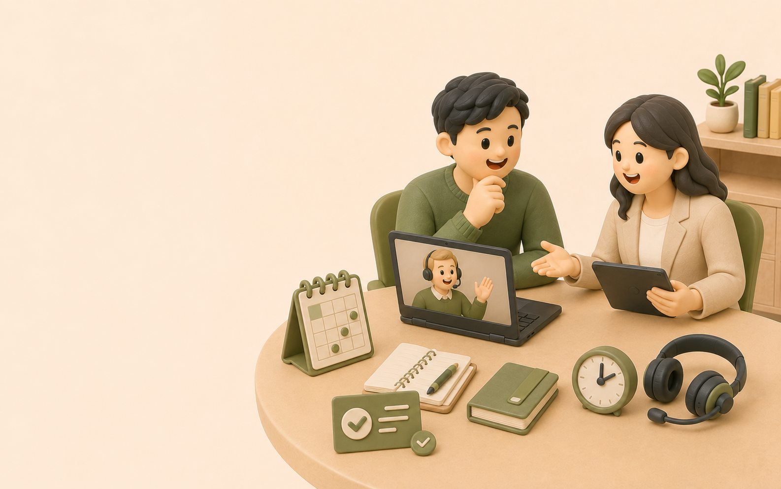 남성 학습자와 한국인 플래너가 노트북, 달력, 체크리스트를 보며 화상영어 수강 규정을 확인하는 3D 일러스트